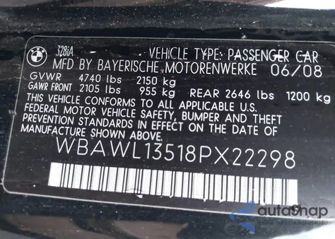 2008 BMW 328I из США, поврежденный, VIN WBAWL13518PX22298